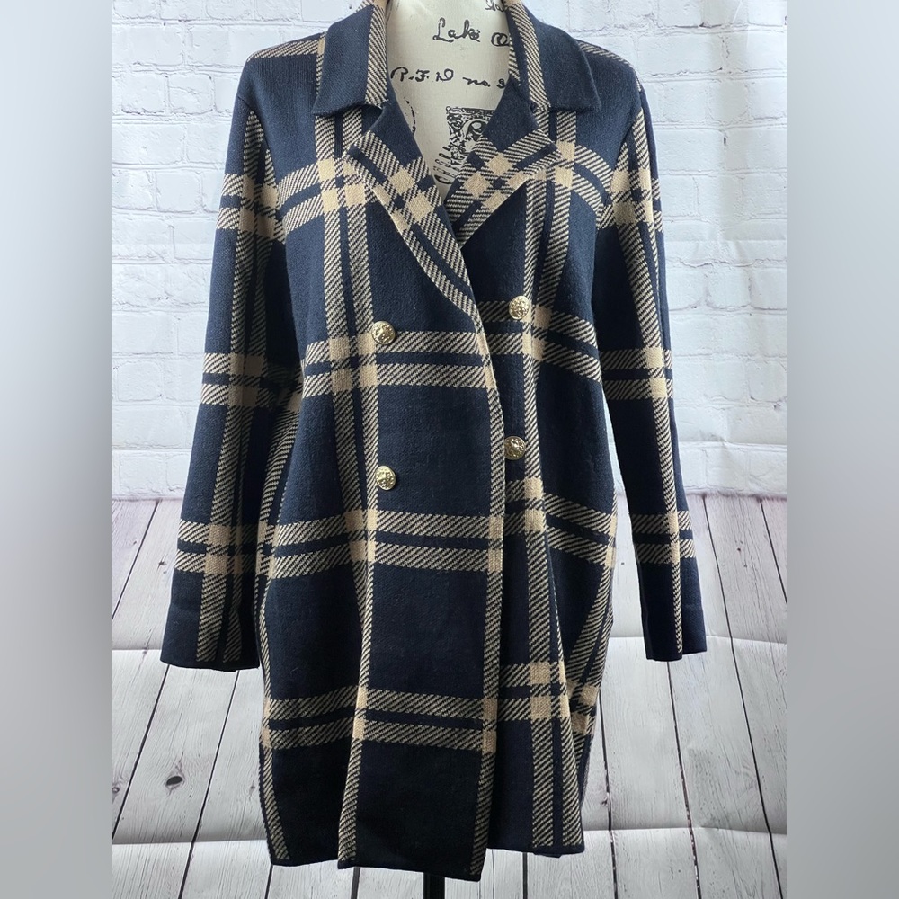 Anne Leon navy blue and beige long cardigan, sweater coat.